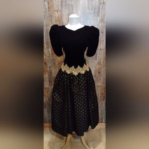 VINTAGE SCOTT MCCLINTOCK BLACK VELVET POLKA DOT TAFFETA EVENING DRESS GOWN SZ 10